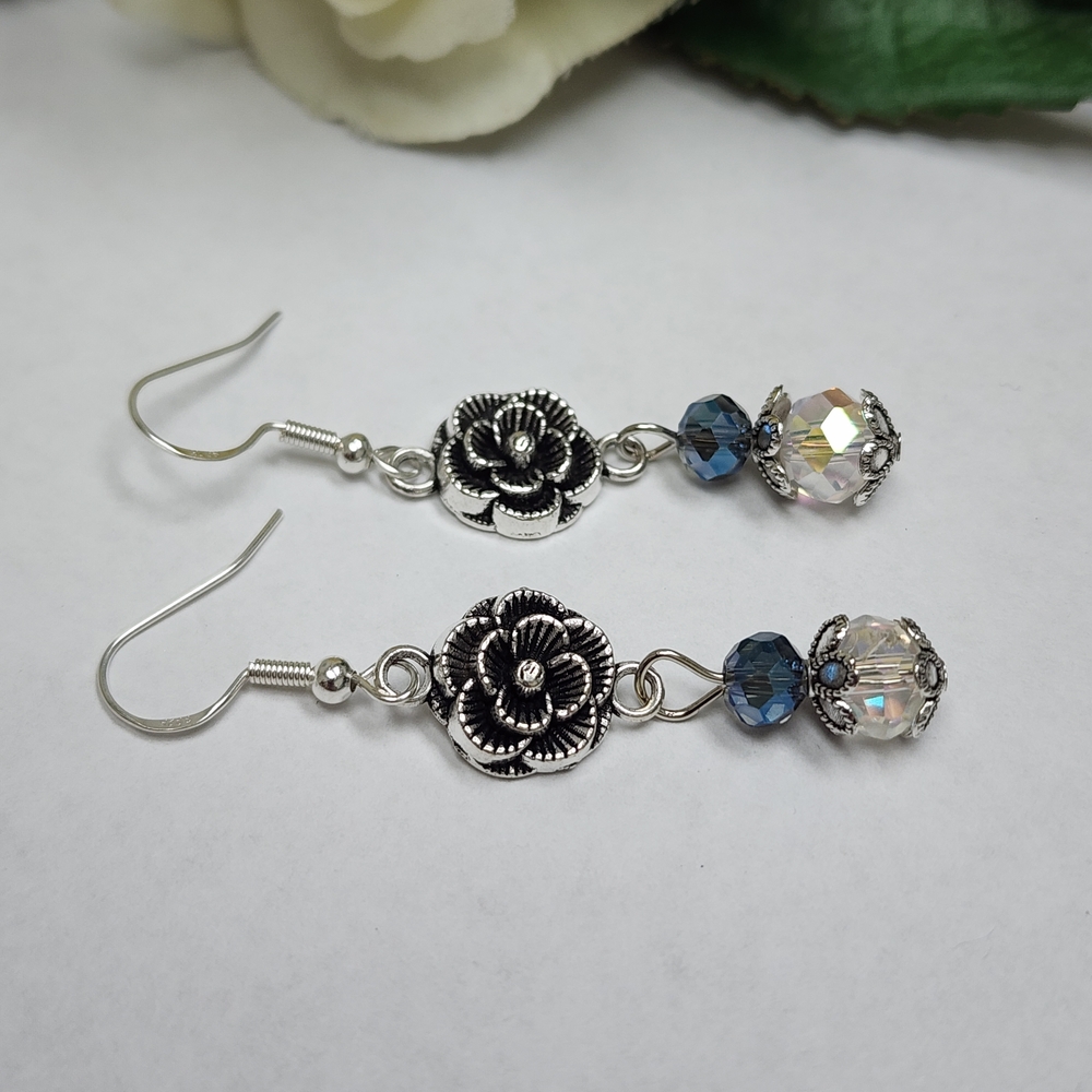 Hand Crafted Dangle Earrings With AB Crystals And Silver Toned Flowers - Picture 4 of 7